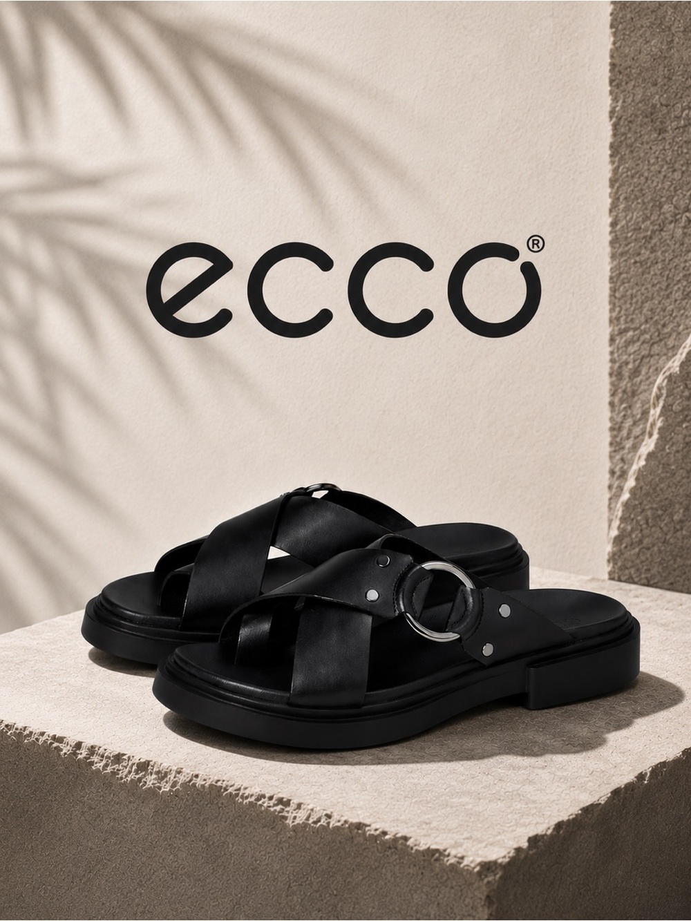 Ecco Black Leather Cross-Strap Slide Sandals NWOB - Picture 2 of 15
